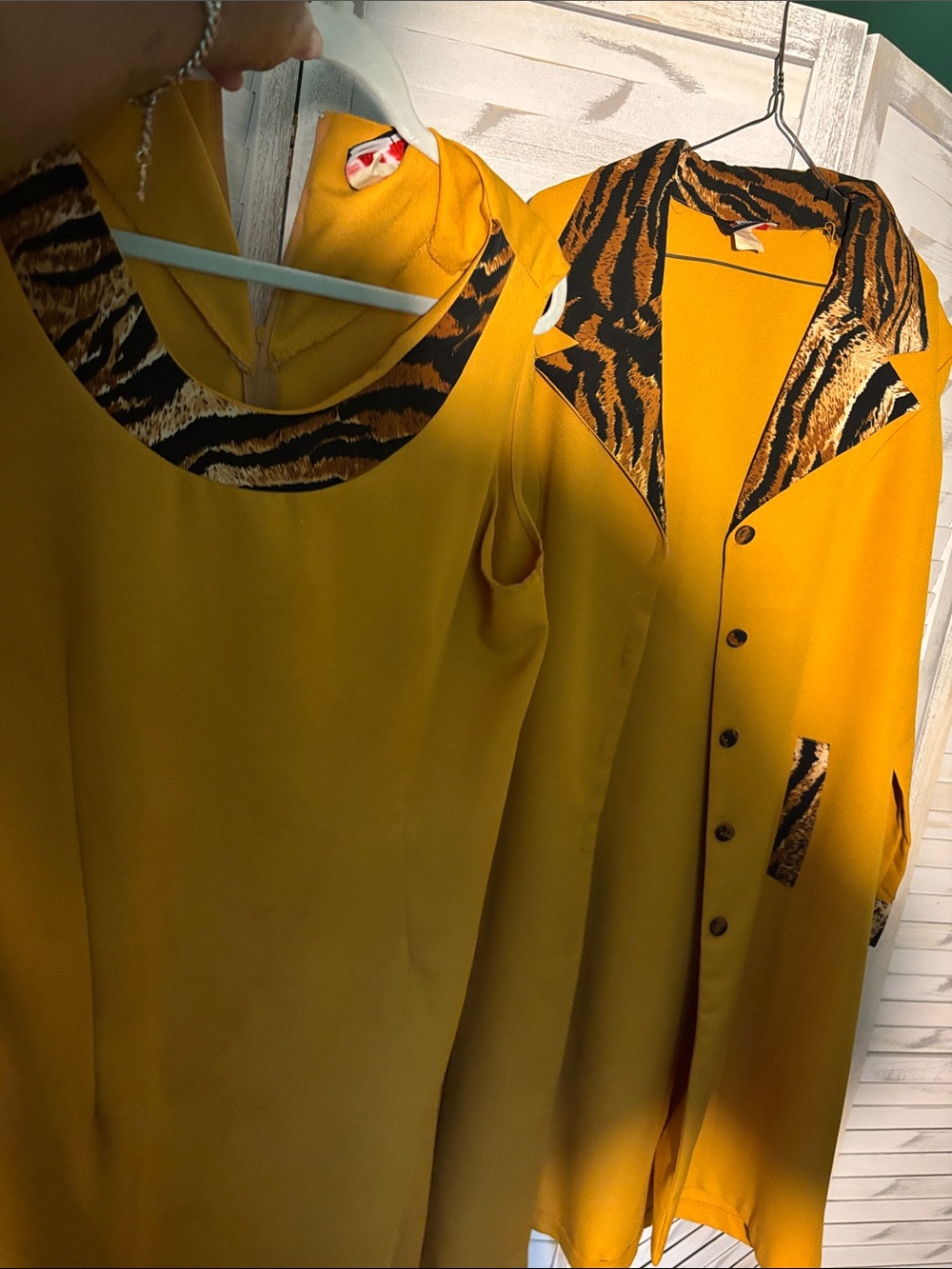Mustard Yellow Sleeveless Dress and Long Button Jacket Set with Tiger-Print Trim